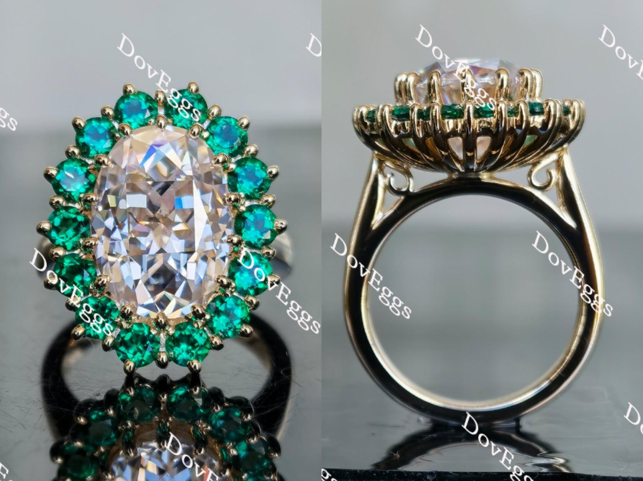 Oval floral halo moissanite & colored gem engagement ring main view| Doveggs