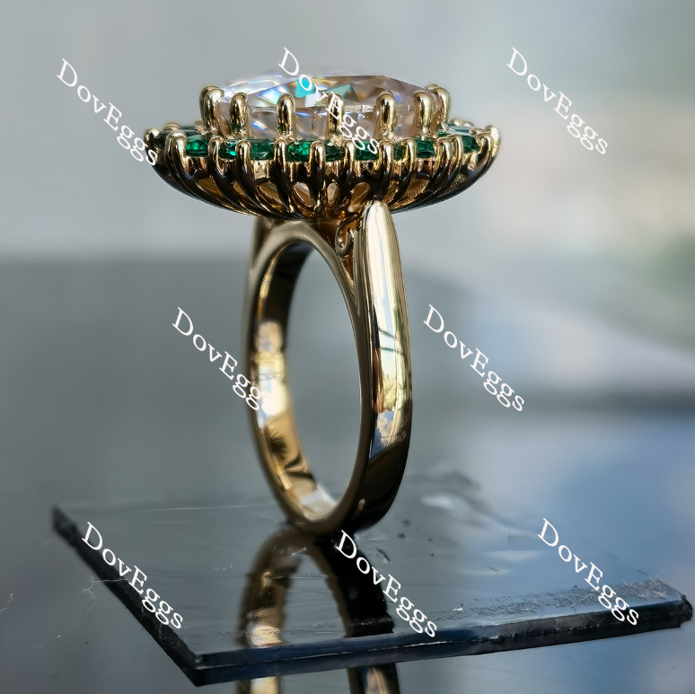 Oval floral halo moissanite & zambia emerald sapphires engagement ring| Doveggs