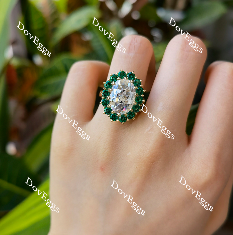 Oval floral halo moissanite & colored gem engagement ring on hand view| Doveggs