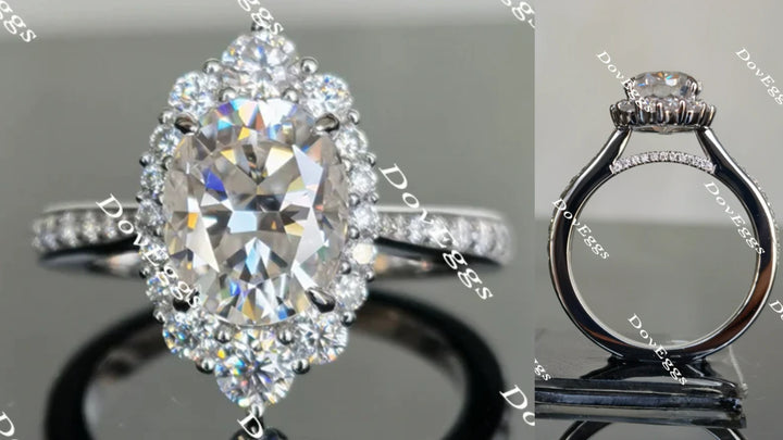 Oval half eternity pave halo moissanite engagement ring main view| Doveggs