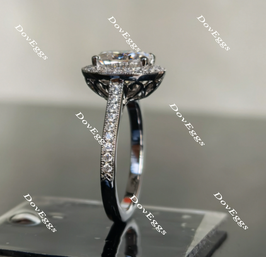 Oval half eternity pave halo moissanite engagement ring| Doveggs