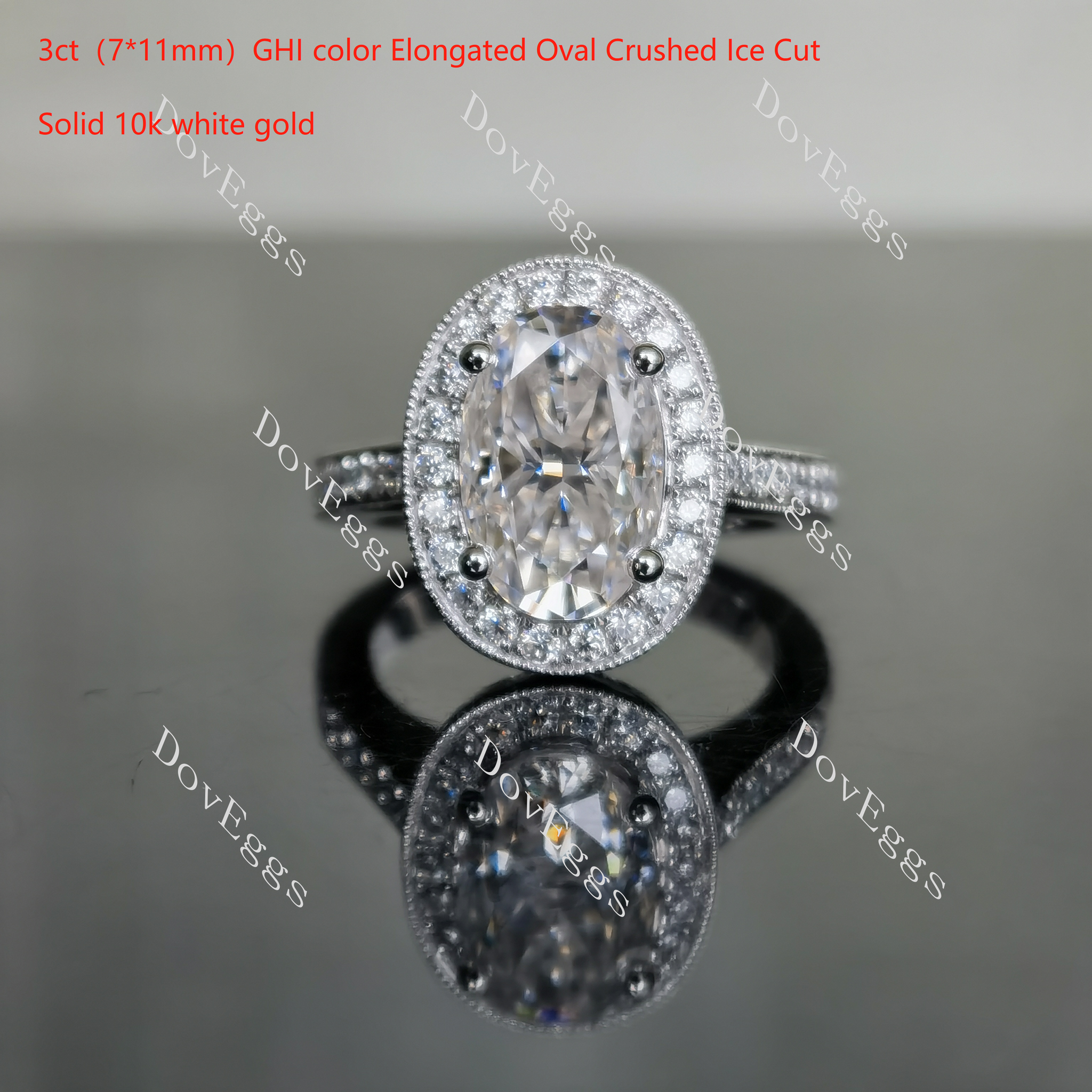 Doveggs crushed ice cut oval halo moissanite engagement ring