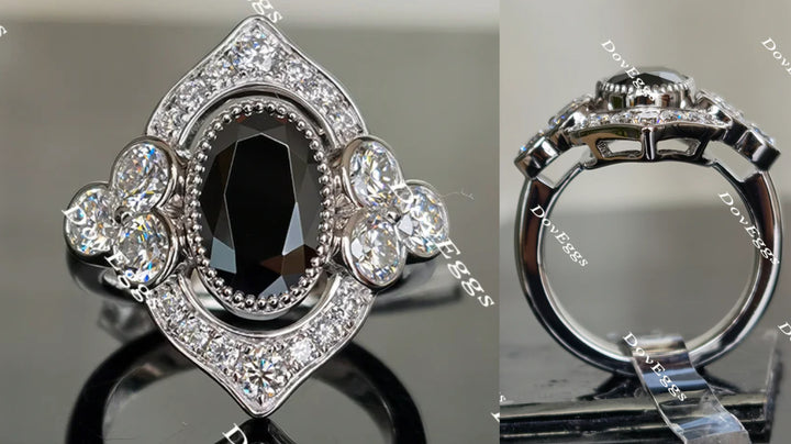 Oval flower shape halo moissanite engagement ring main view| Doveggs