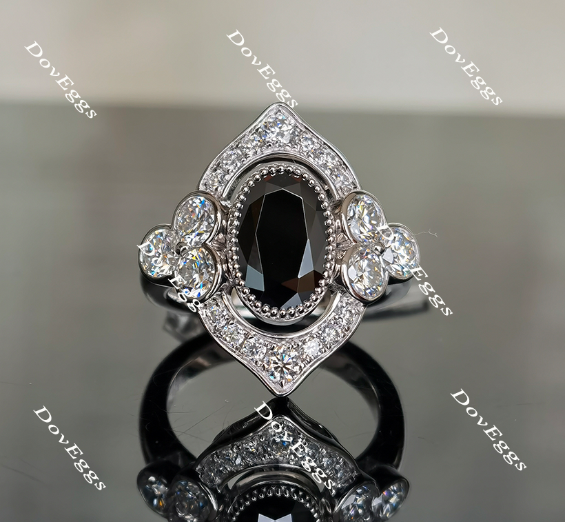 Doveggs oval bead edge halo black sapphire engagement ring