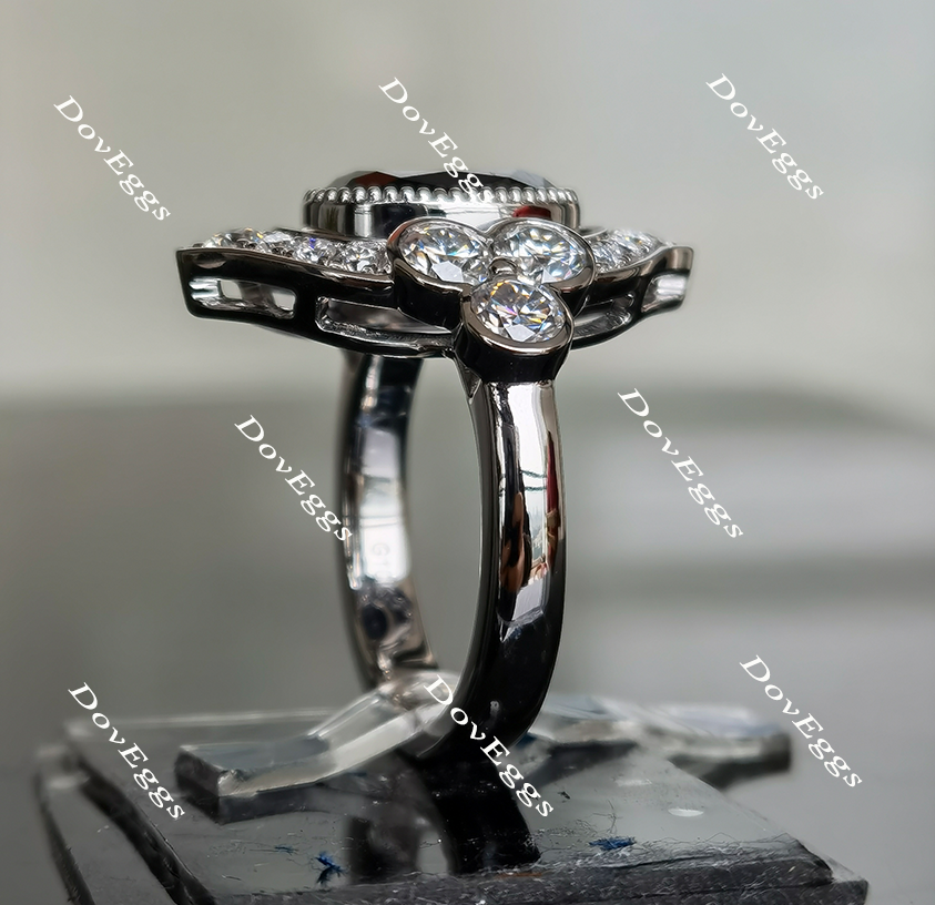 Oval flower shape halo moissanite engagement ring side view| Doveggs