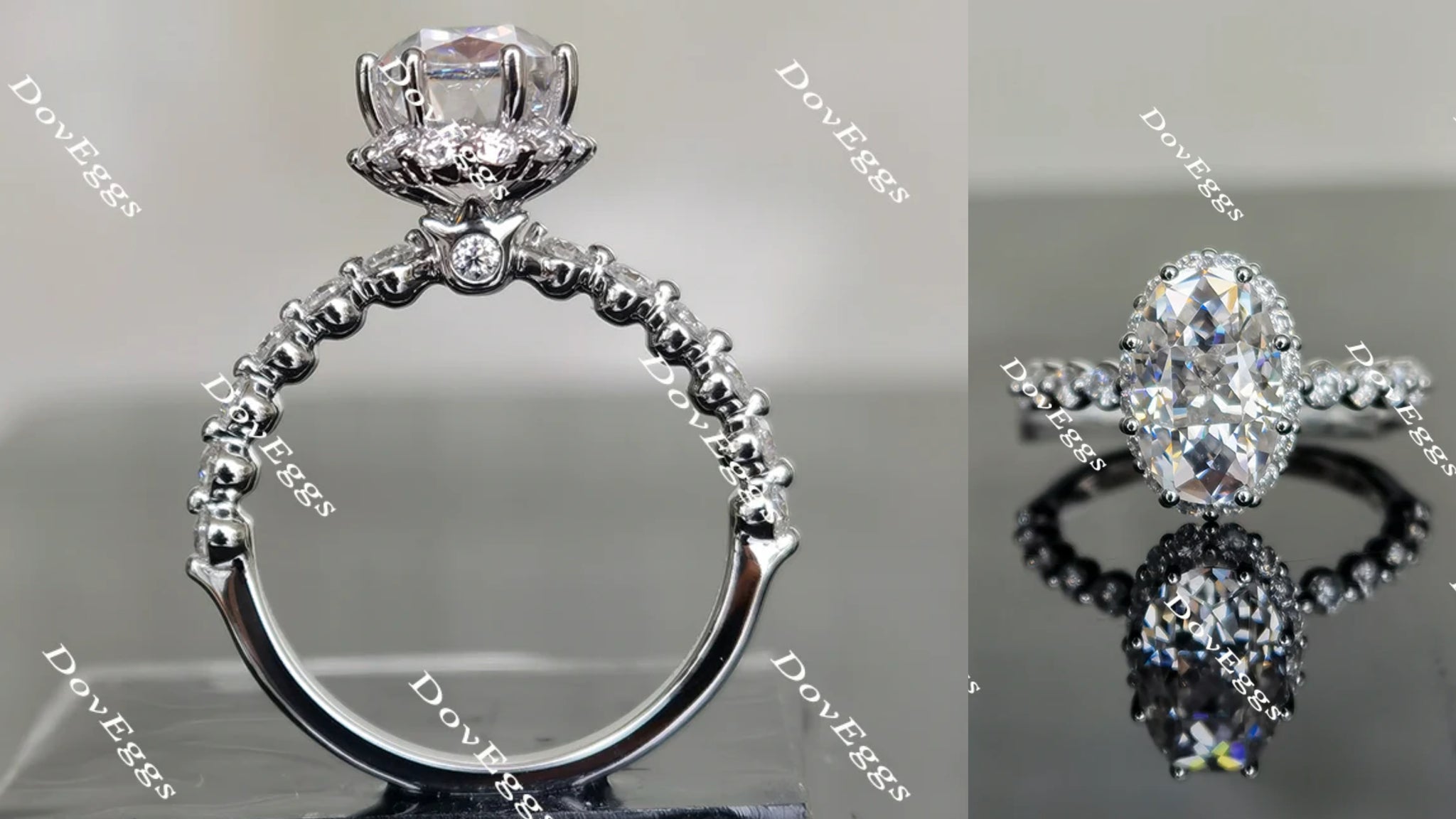 Oval half eternity moissanite engagement ring main view| Doveggs