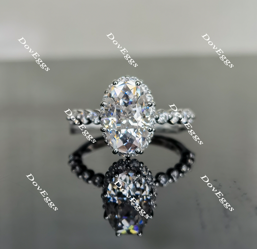 elongated oval hidden halo moissanite or lab diamond engagement ring