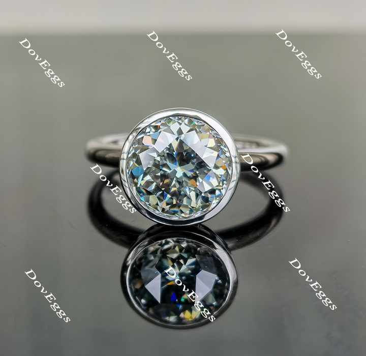 Smokey Sparks grey round moissanite bezel solitaire engagement ring front view
