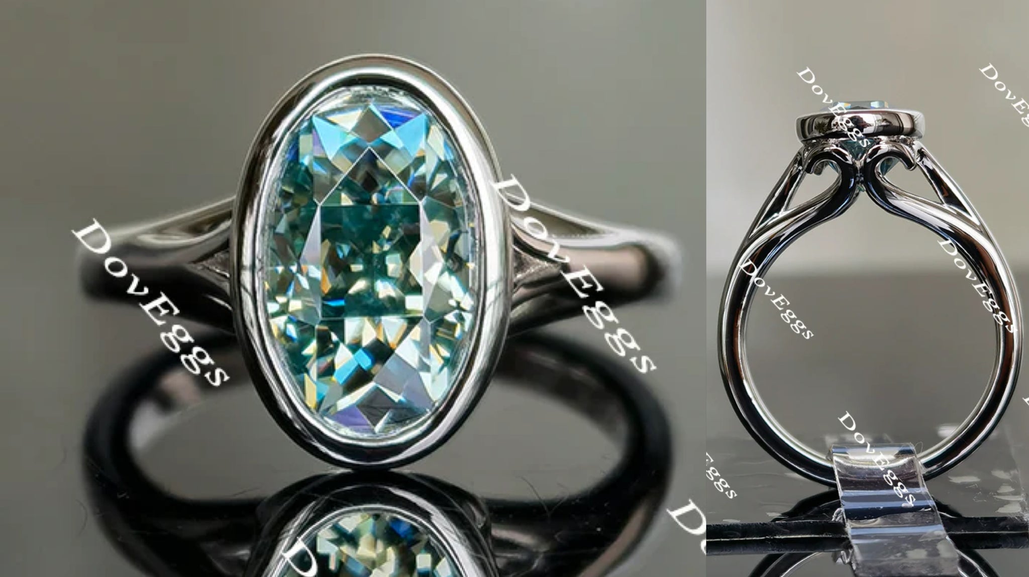 Oval bezel solitaire moissanite engagement ring main view| Doveggs