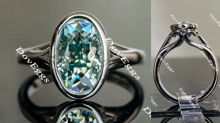 Oval bezel solitaire moissanite engagement ring main view| Doveggs