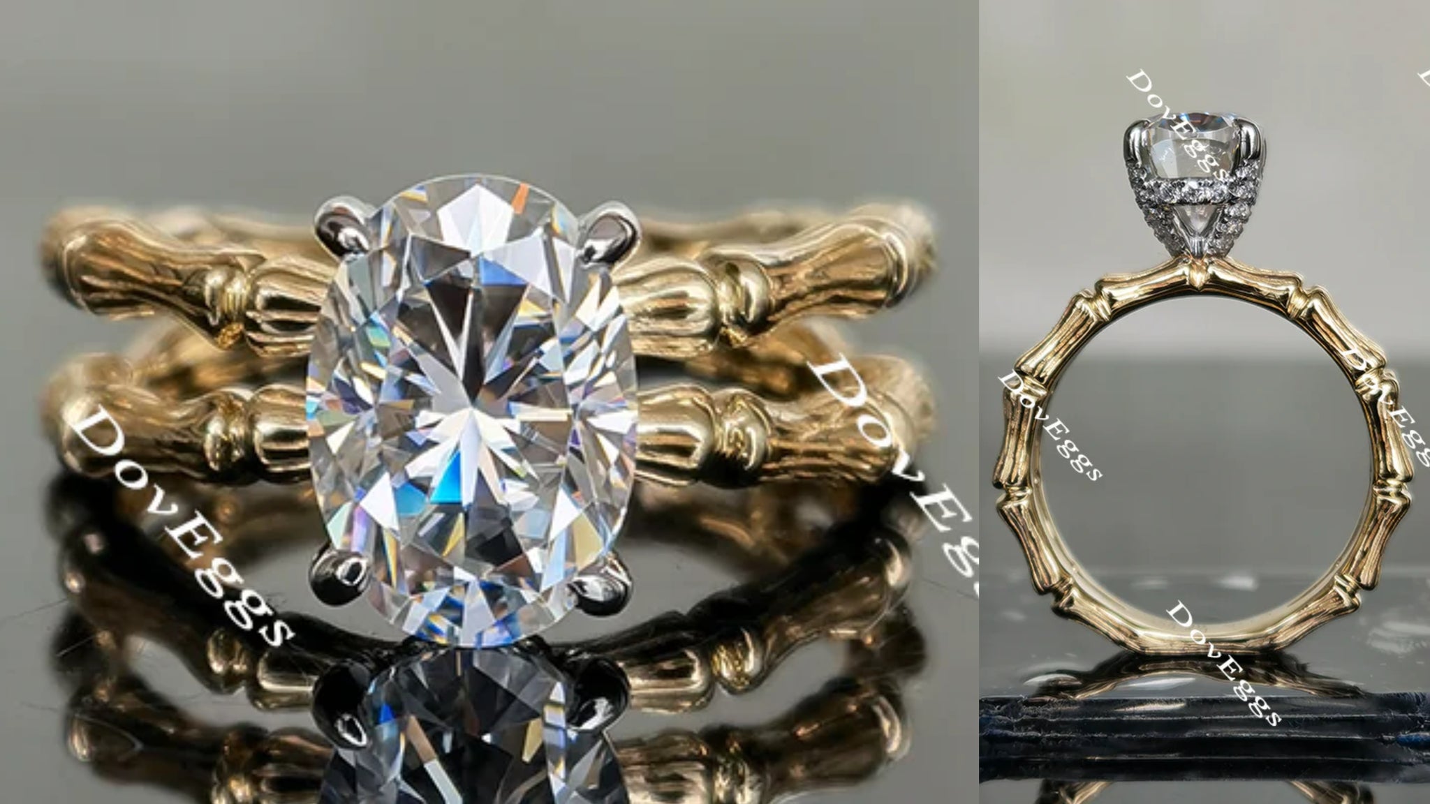 Oval curved bamboo moissanite engagement ring main view| Doveggs