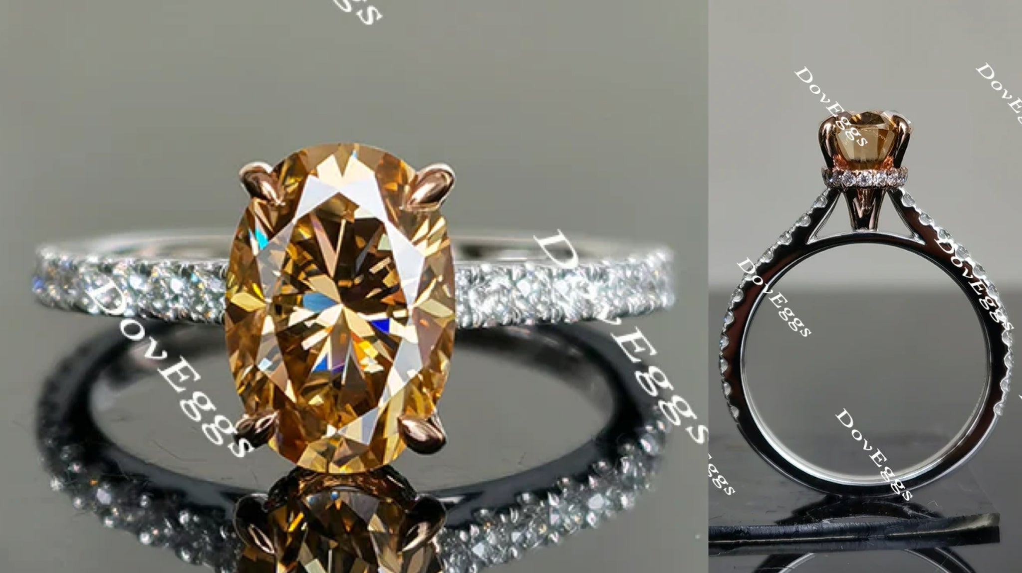 Oval champagne pave moissanite engagement ring main view| Doveggs