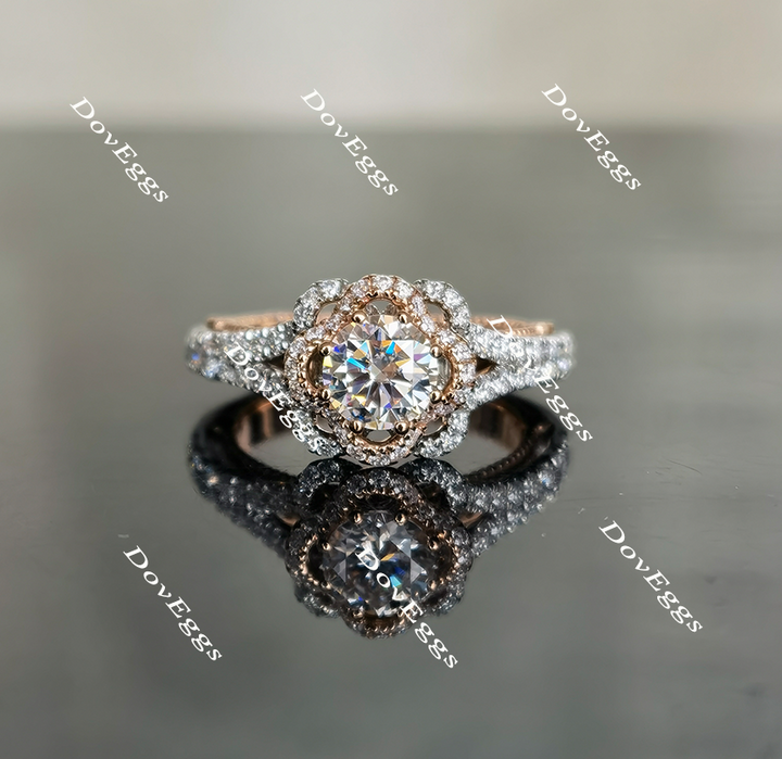 Round flower shape pave moissanite engagement ring front view