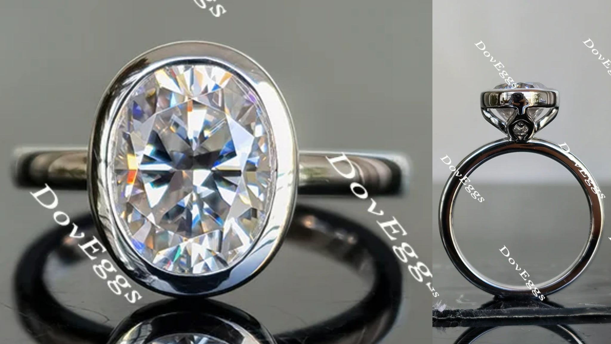 Oval bezel solitaire moissanite engagement ring main view| Doveggs