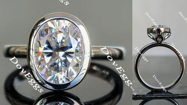 Oval bezel solitaire moissanite engagement ring main view| Doveggs