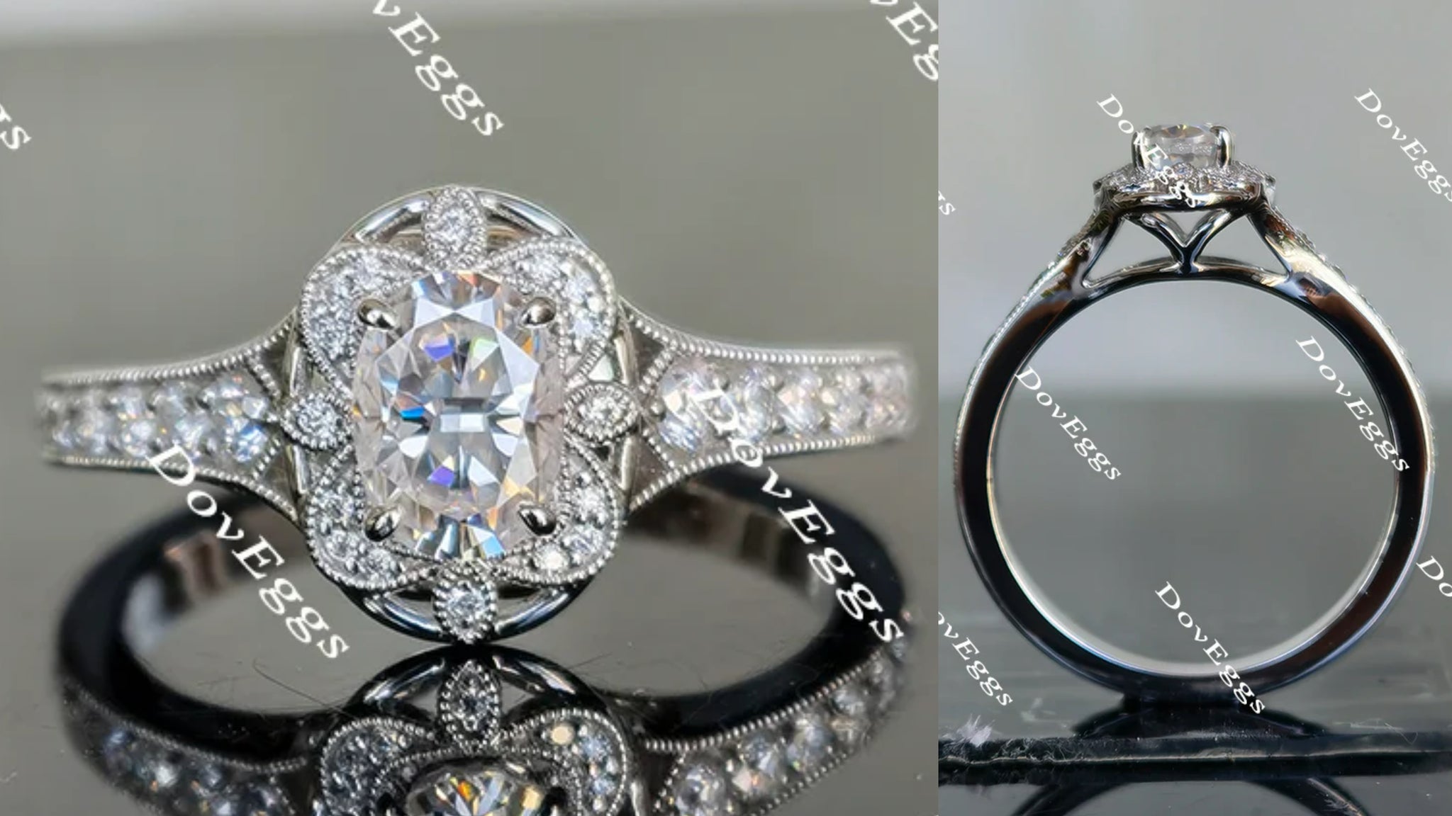 Oval half eternity moissanite engagement ring main view| Doveggs