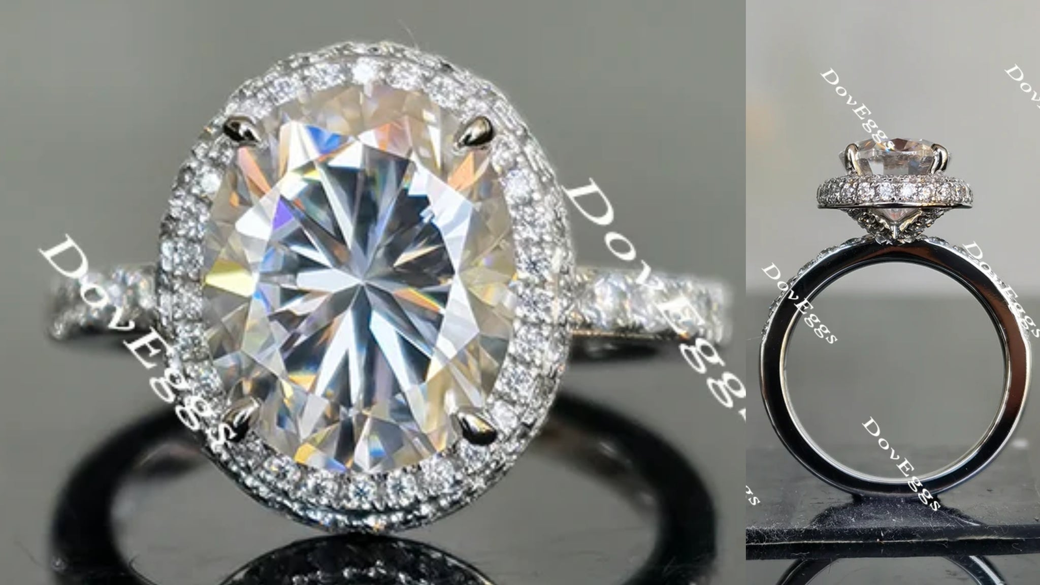 Oval halo pave moissanite engagement ring main view| Doveggs