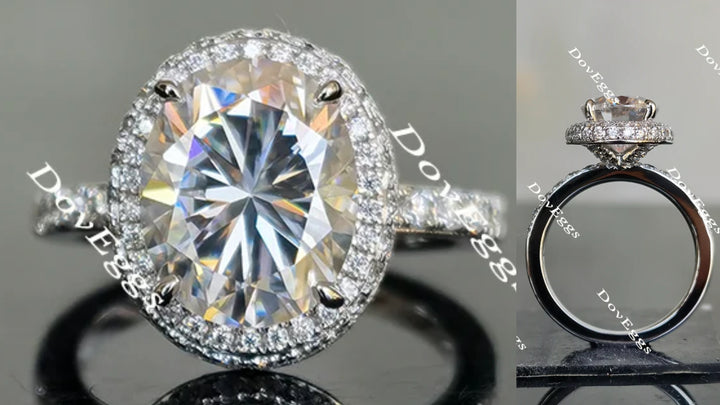 Oval halo pave moissanite engagement ring main view| Doveggs