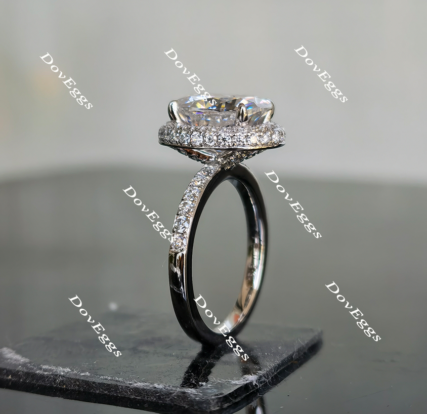Oval halo pave moissanite engagement ring side view| Doveggs