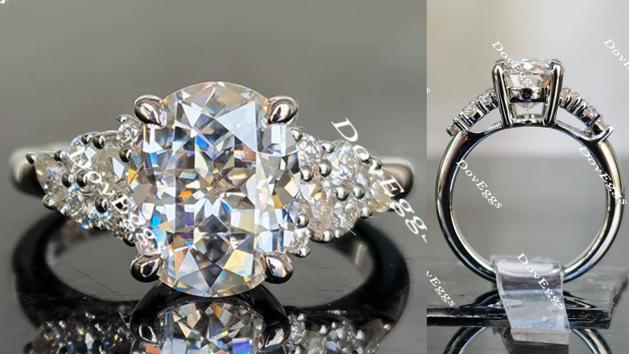Oval side stones moissanite engagement ring main view| Doveggs