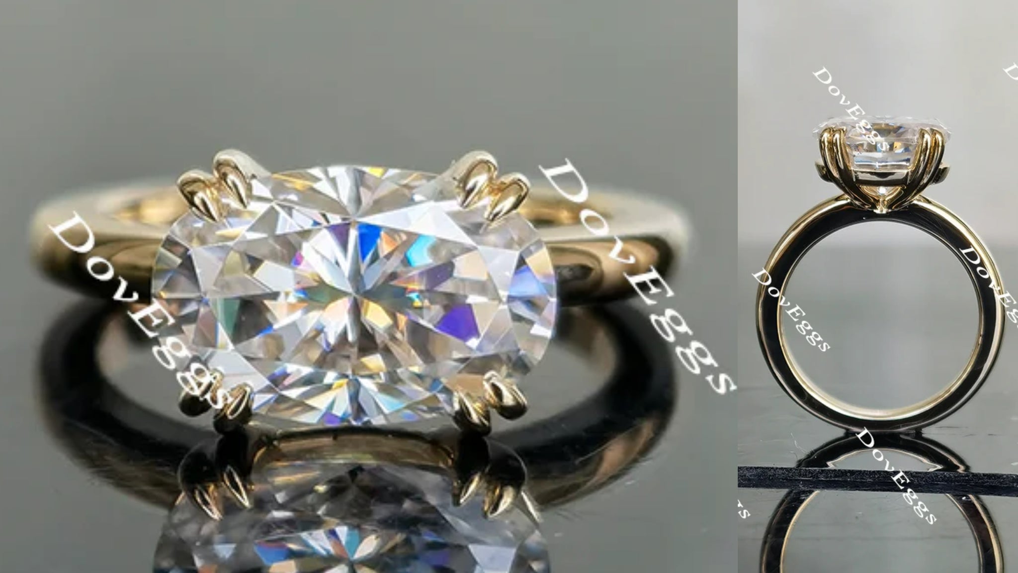 Oval solitaire moissanite double claw engagement ring main view| Doveggs