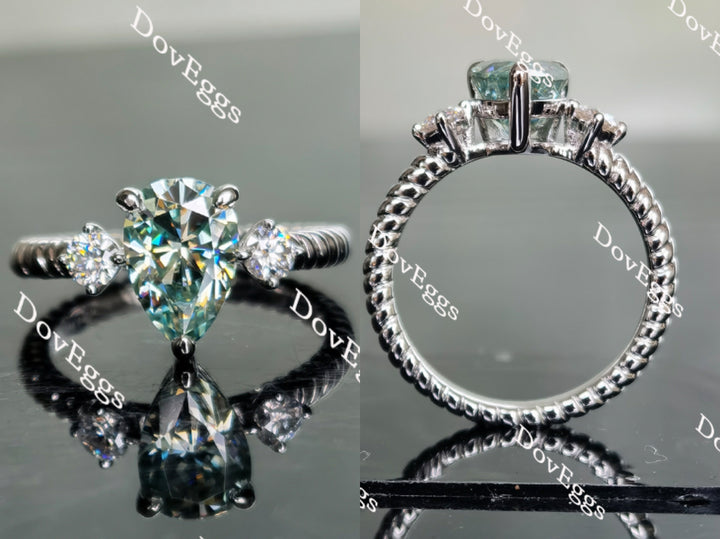 Peacock blue pear moissanite three-stone engagement ring front and side view