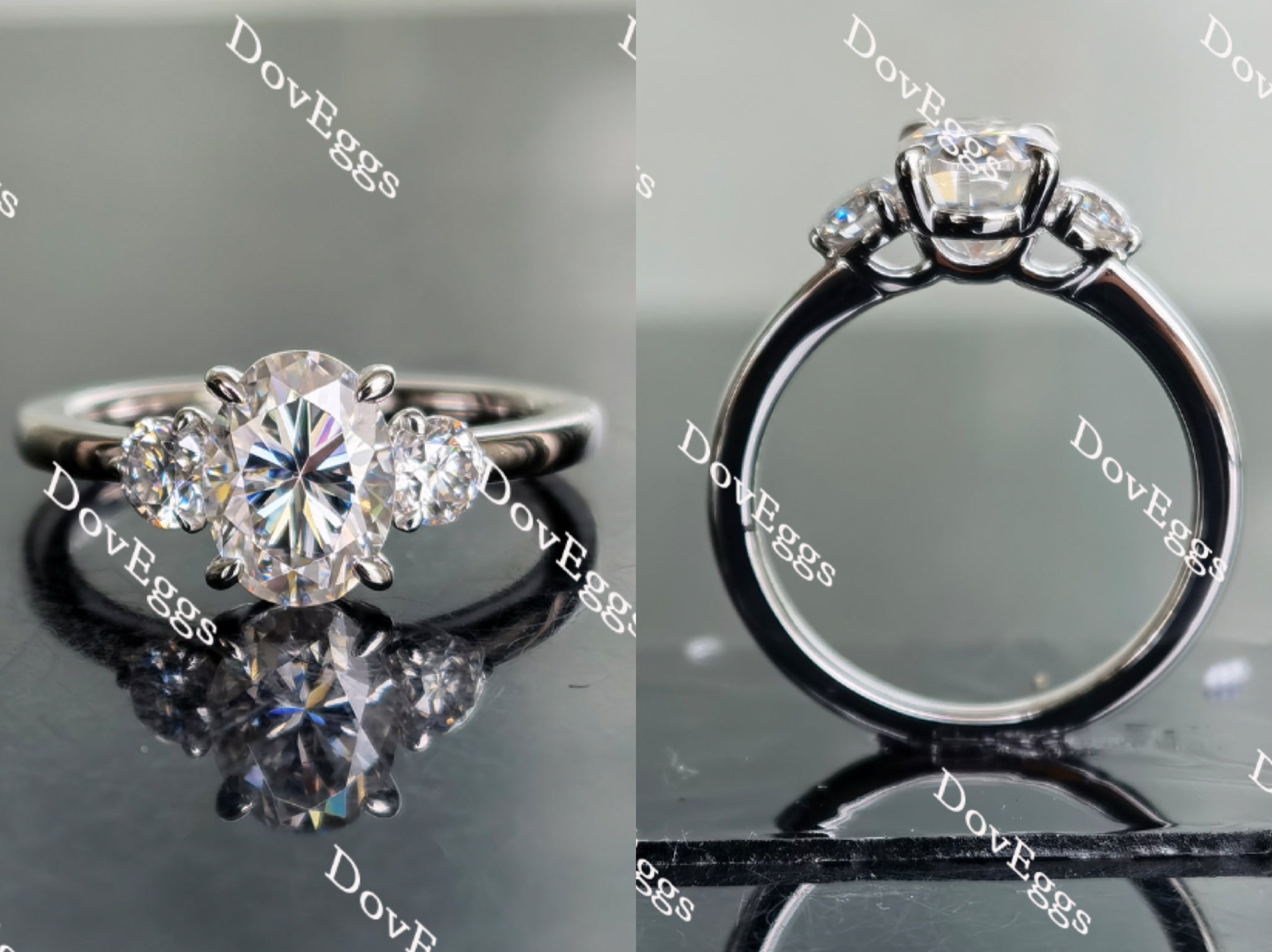 Oval three stones moissanite engagement ring main view| Doveggs