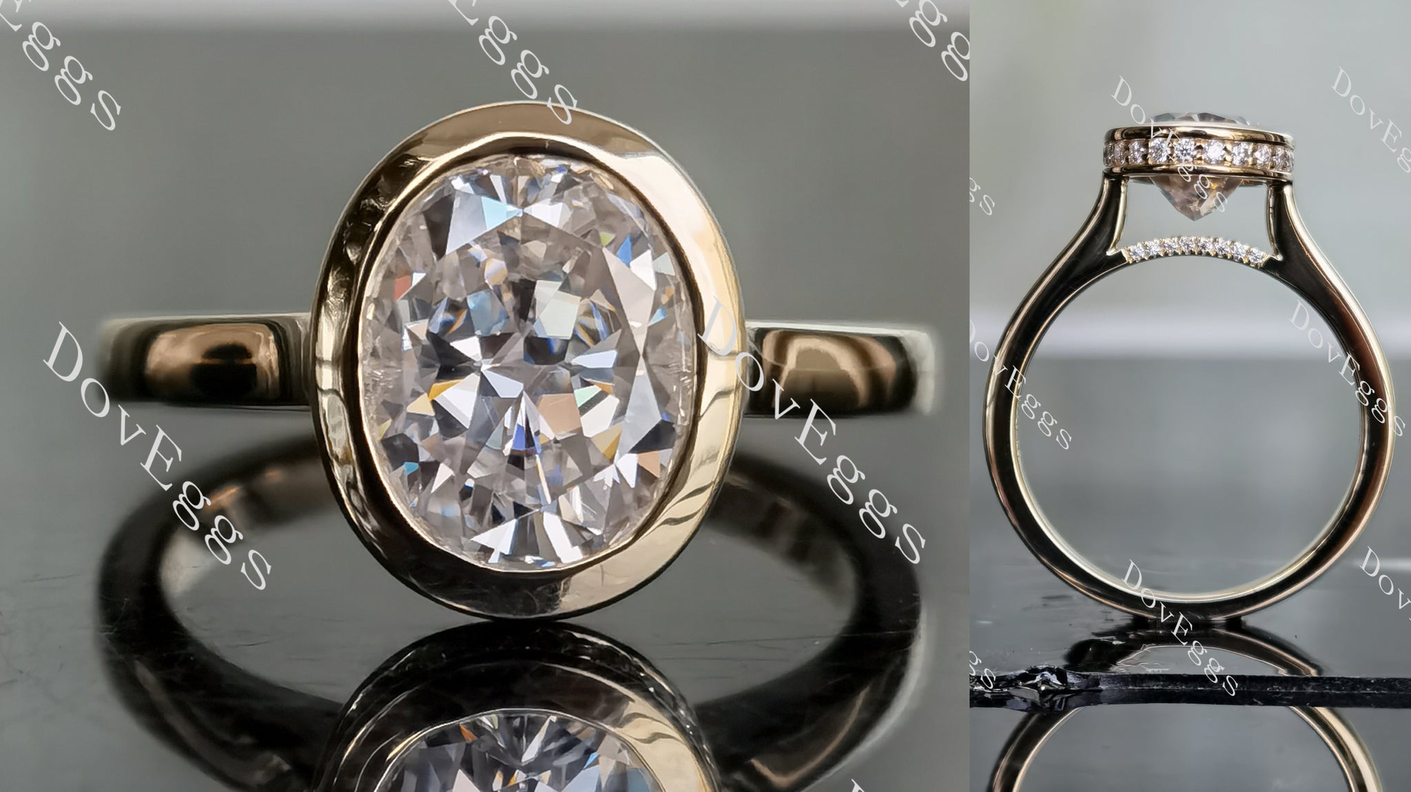 Oval bezel hidden halo moissanite engagement ring main view| DovEggs