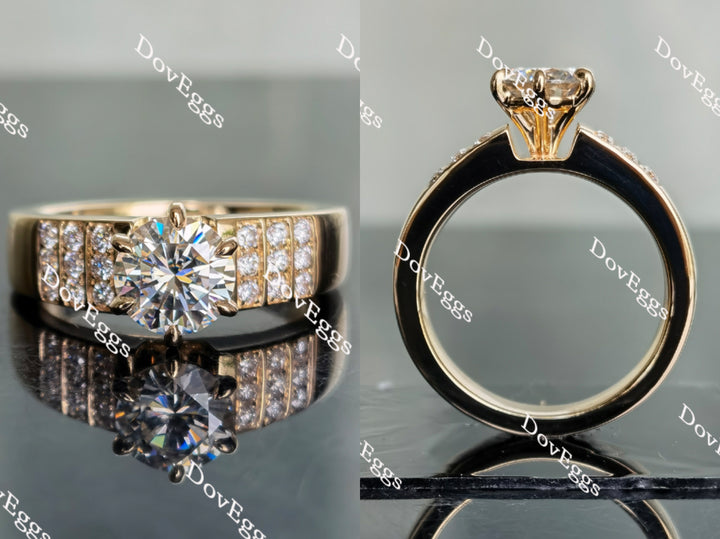 Round pave moissanite engagement ring front and side view in yellow gold