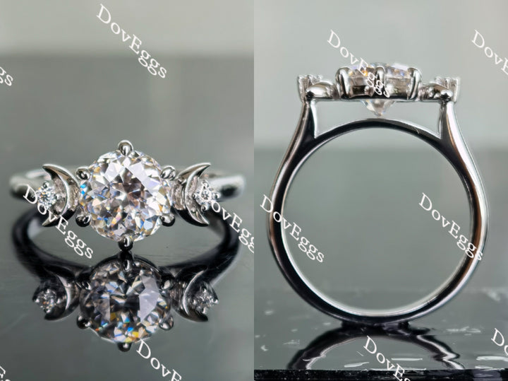Half moon three-stone moissanite engagement ring front and side view