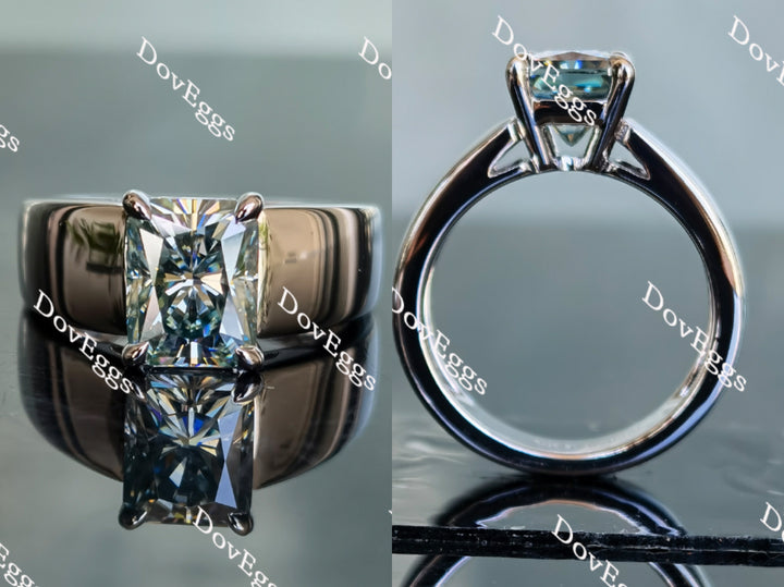 Smokey spark grey radiant cut moissanite solitaire ring wide band front and side view