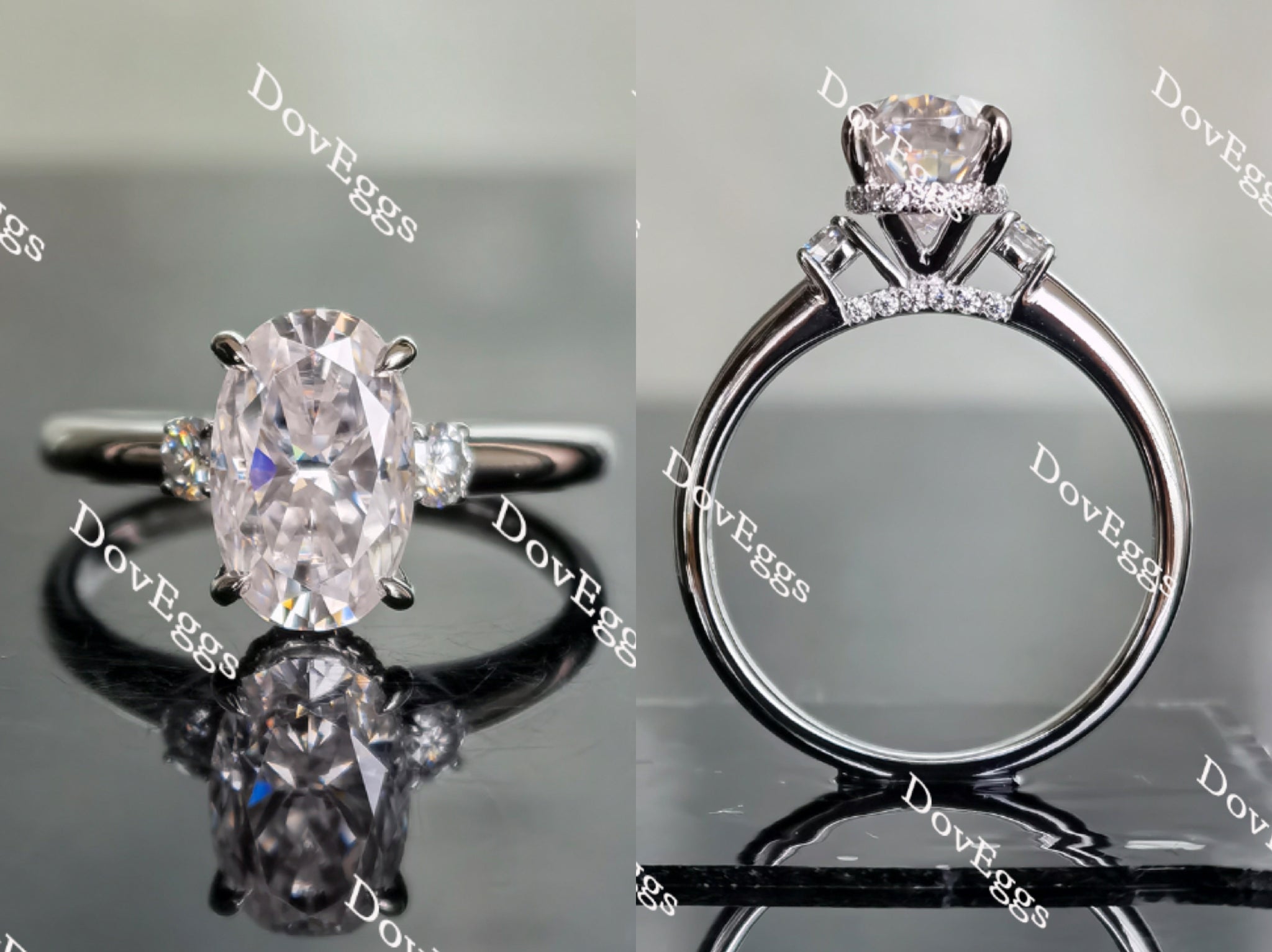 Oval three stones pave moissanite engagement ring main view| Doveggs