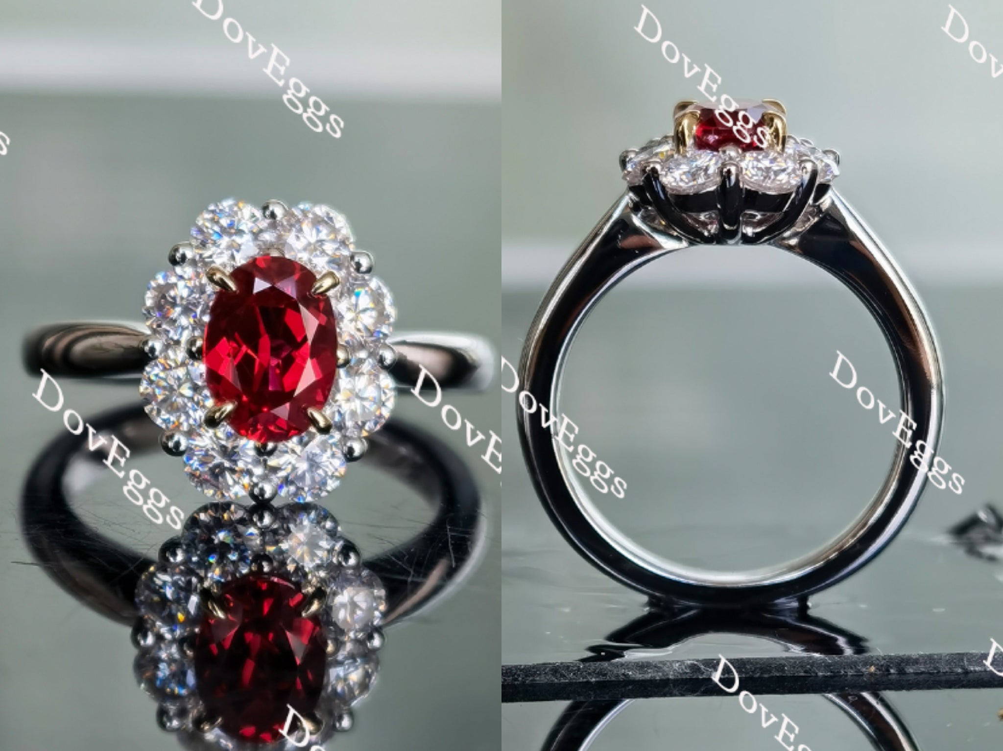 Oval shape halo colored gem ring main view| Doveggs