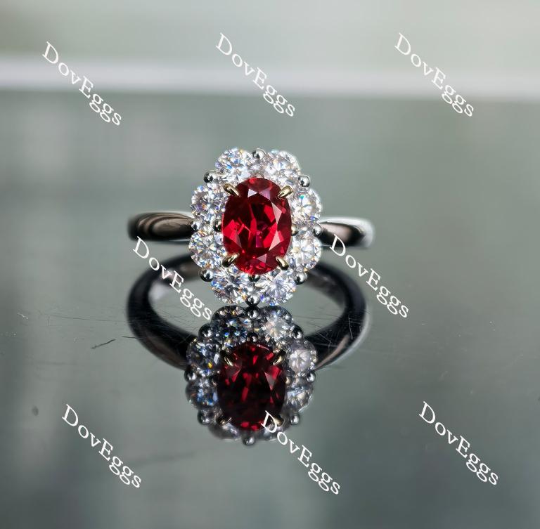Oval shape halo vivid pigeon blood ruby colored gem ring| Doveggs