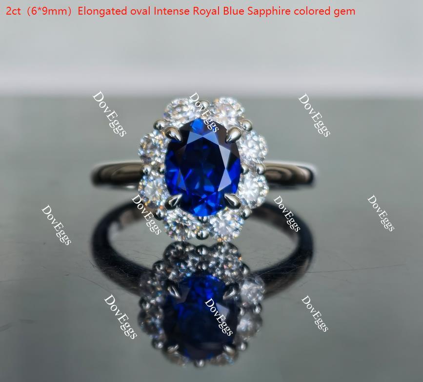 Oval shape halo intense royal blue sapphire colored gem ring| Doveggs