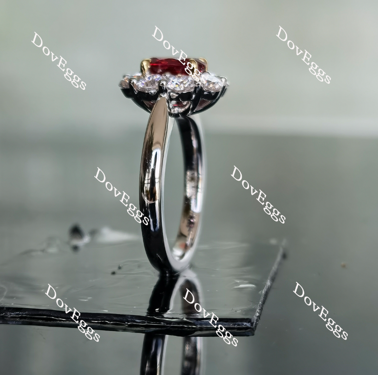 Oval shape halo vivid pigeon blood ruby colored gem ring side view| Doveggs