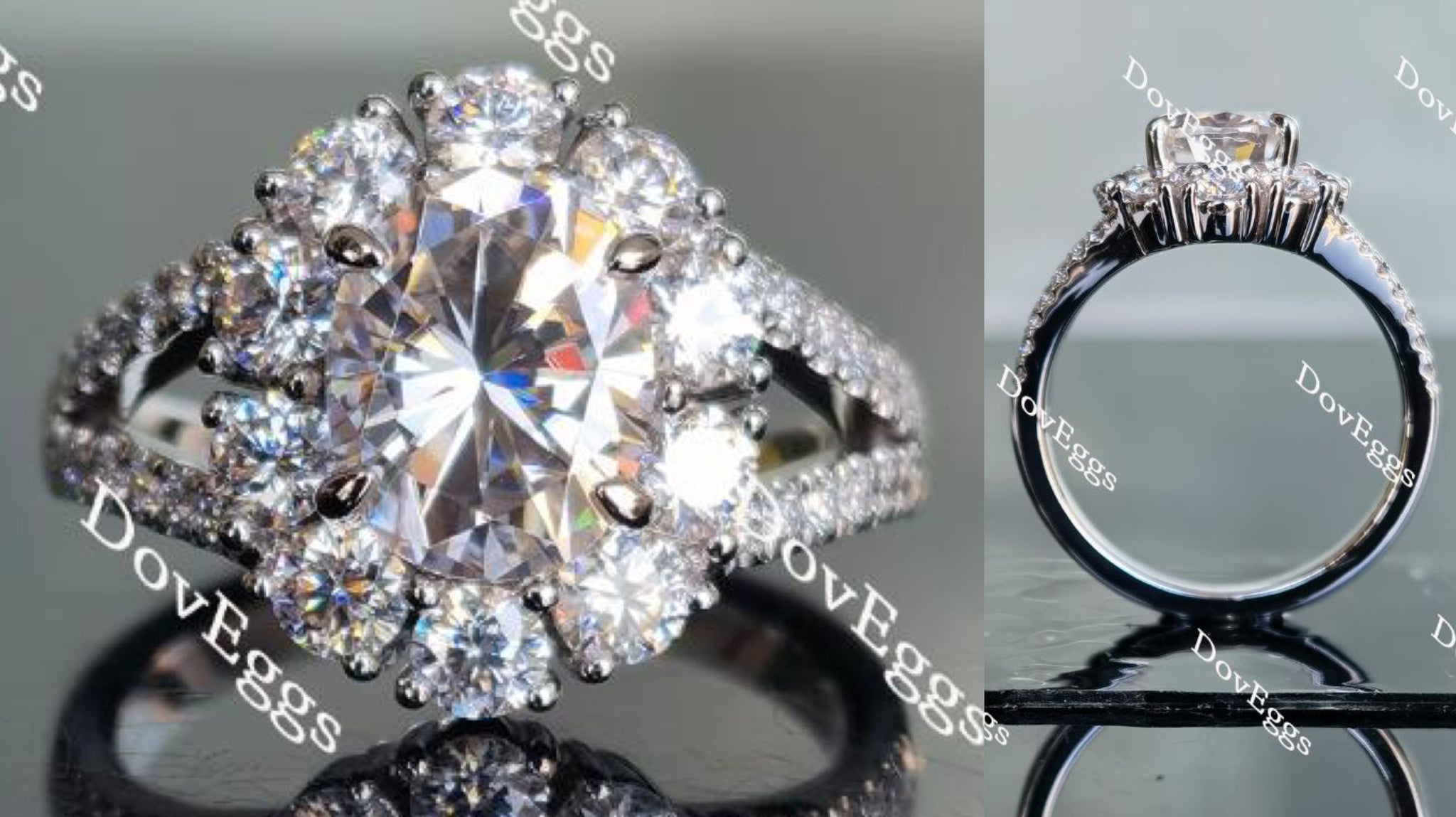 Oval split shank halo pave moissanite engagement ring main view| Doveggs