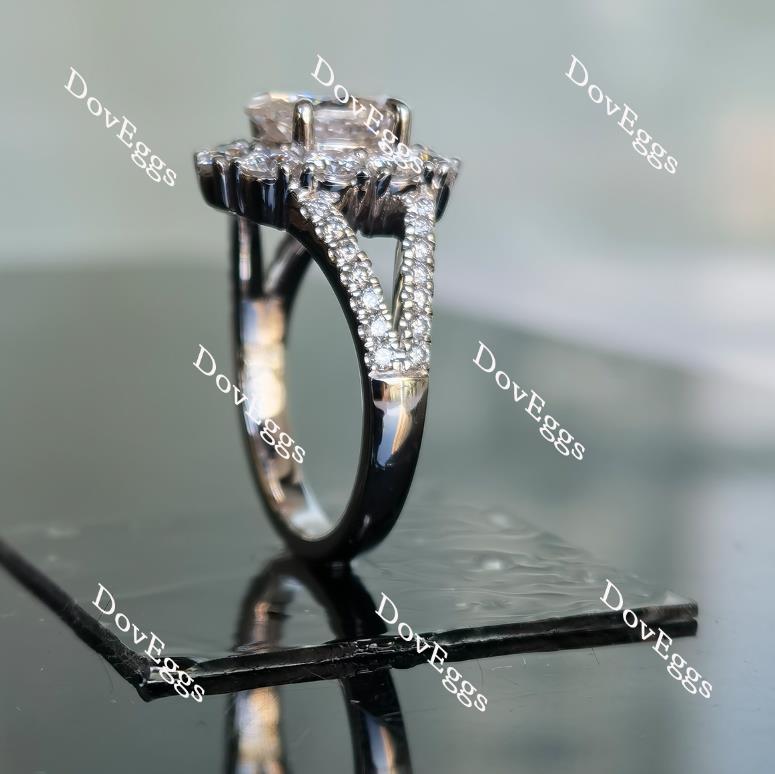 Oval split shank halo pave moissanite engagement ring side view| Doveggs