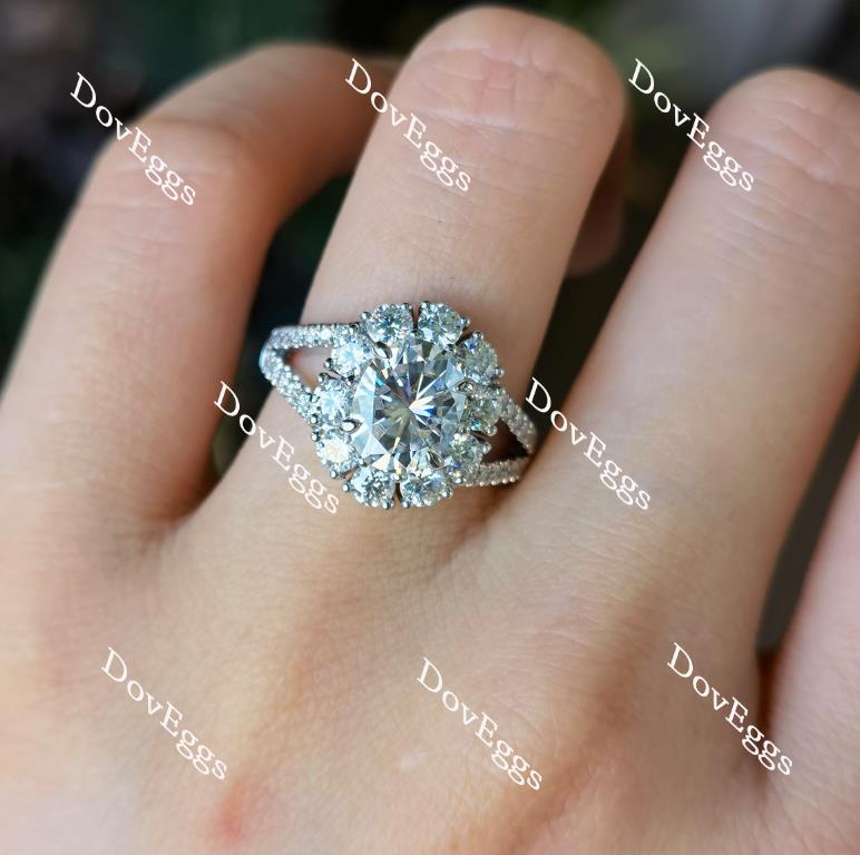 Oval split shank halo pave moissanite engagement ring on hand view| Doveggs