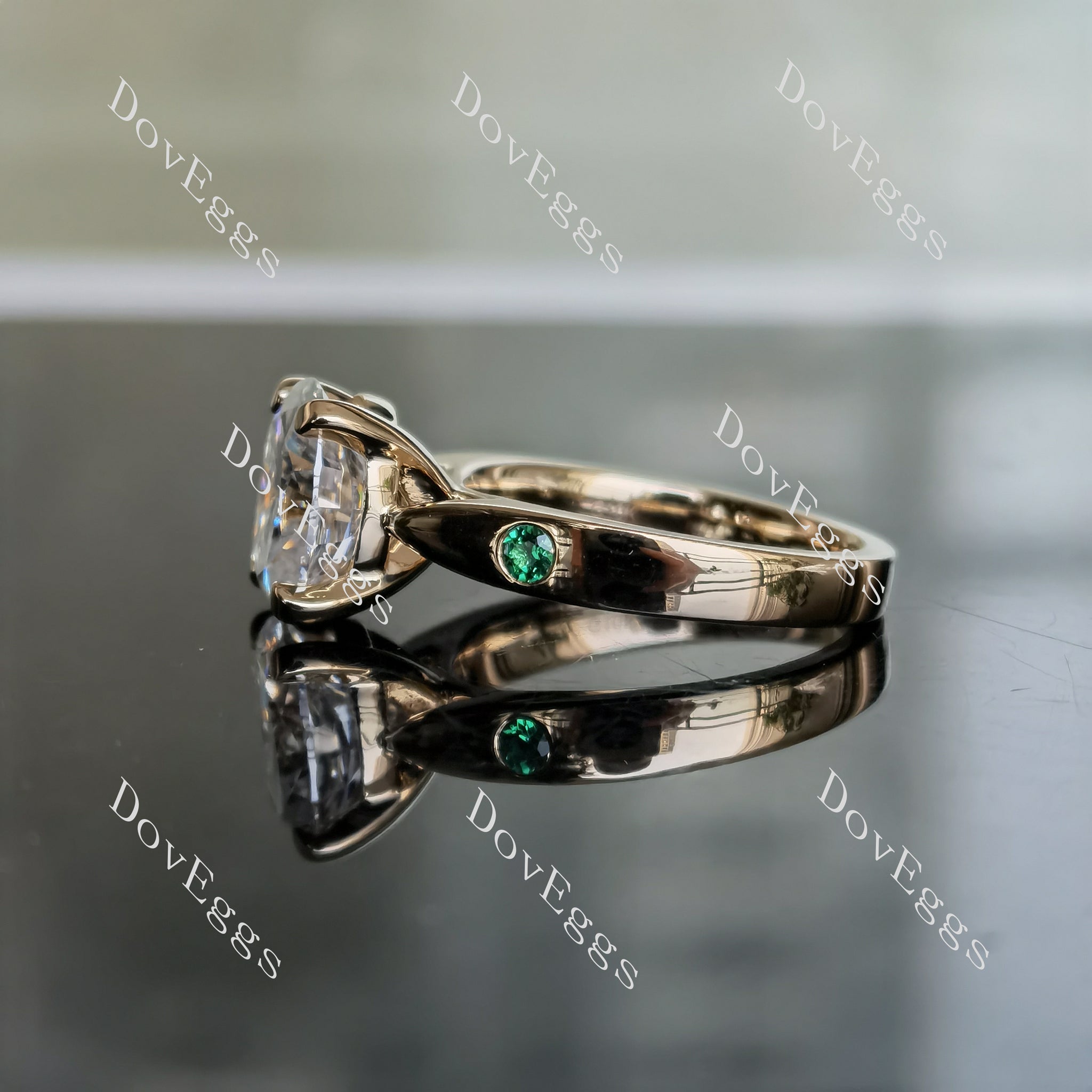 Art deco moissanite with 2 zambia emerald stones engagement ring