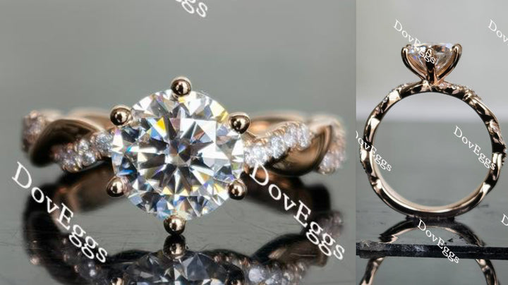 Round moissanite engagement ring with curved band, front and side view