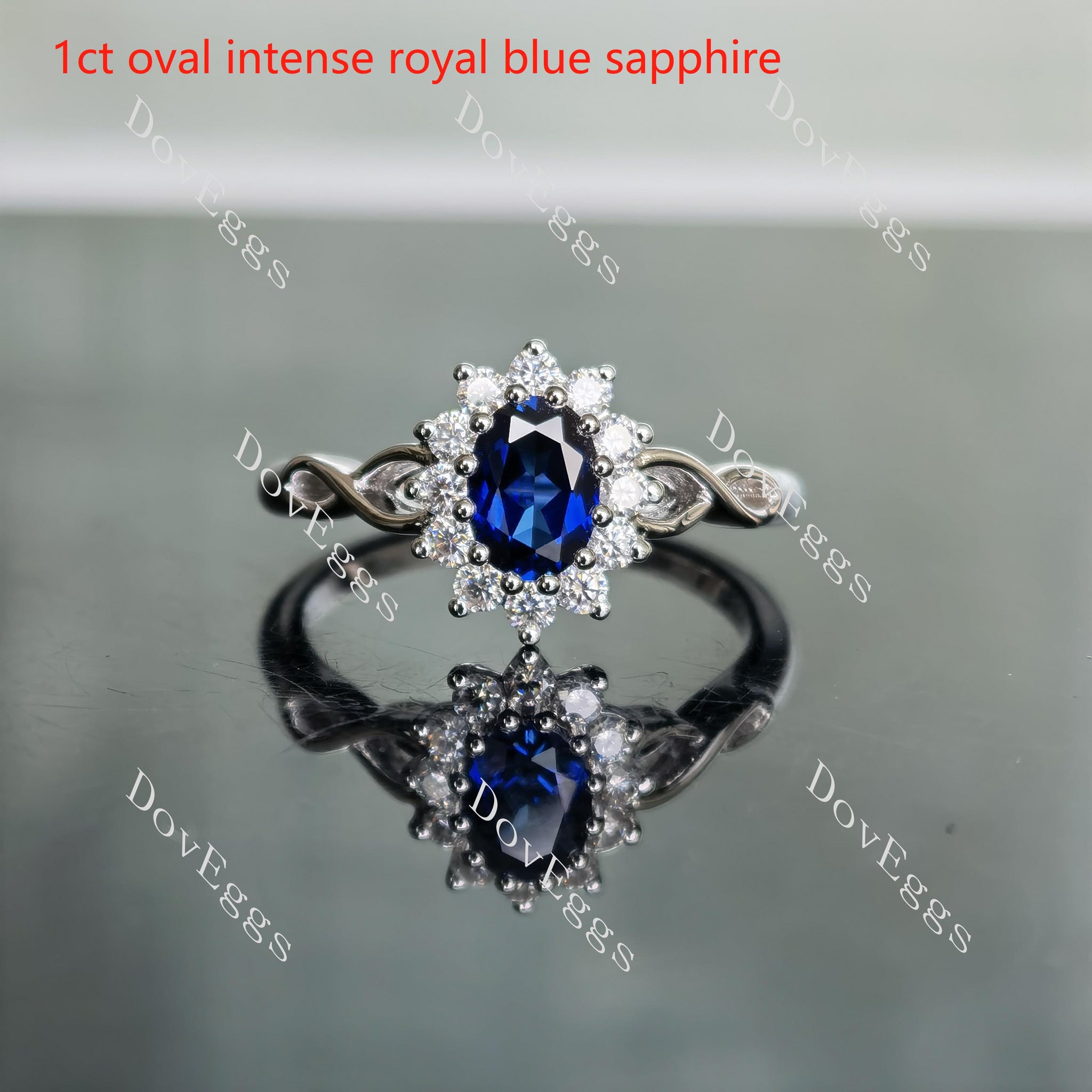 Doveggs floral halo blue sapphire engagement ring