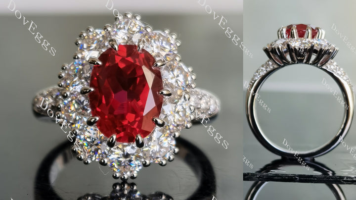Oval floral halo pave colored gem engagement ring main view| DovEggs