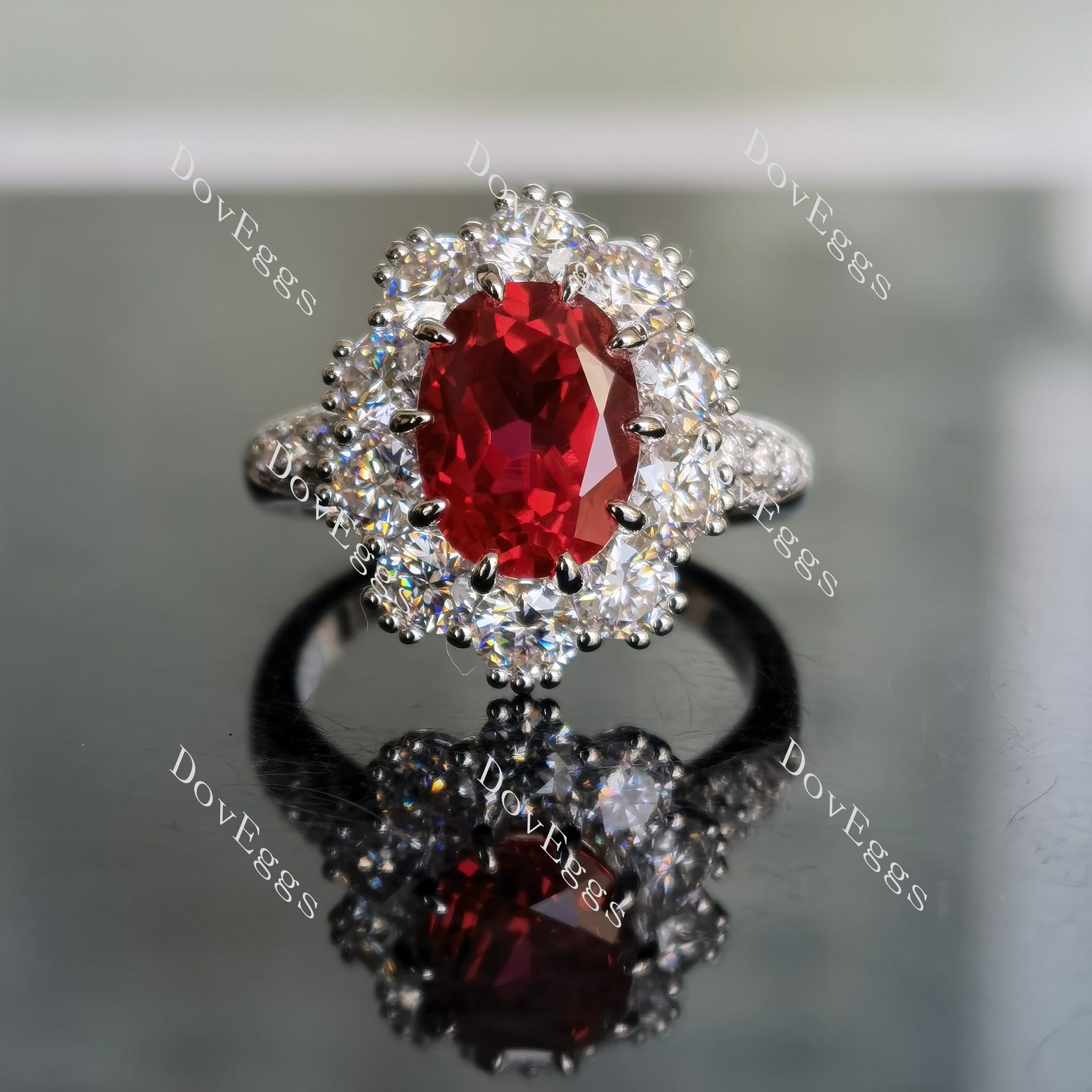 Oval floral halo pave vivid pigeon blood ruby sapphire engagement ring| DovEggs