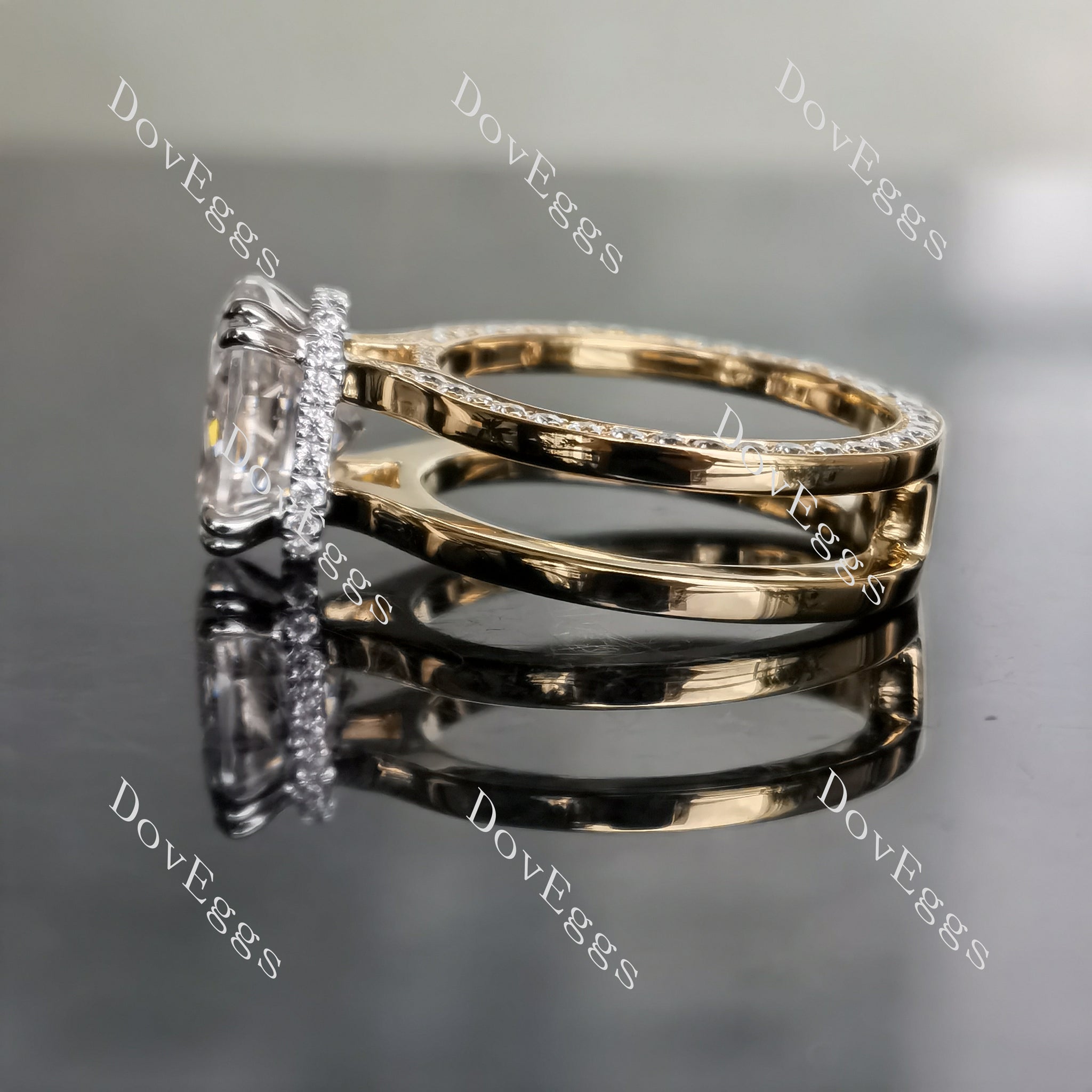 Oval hidden halo moissanite two ring arms engagement ring| DovEggs