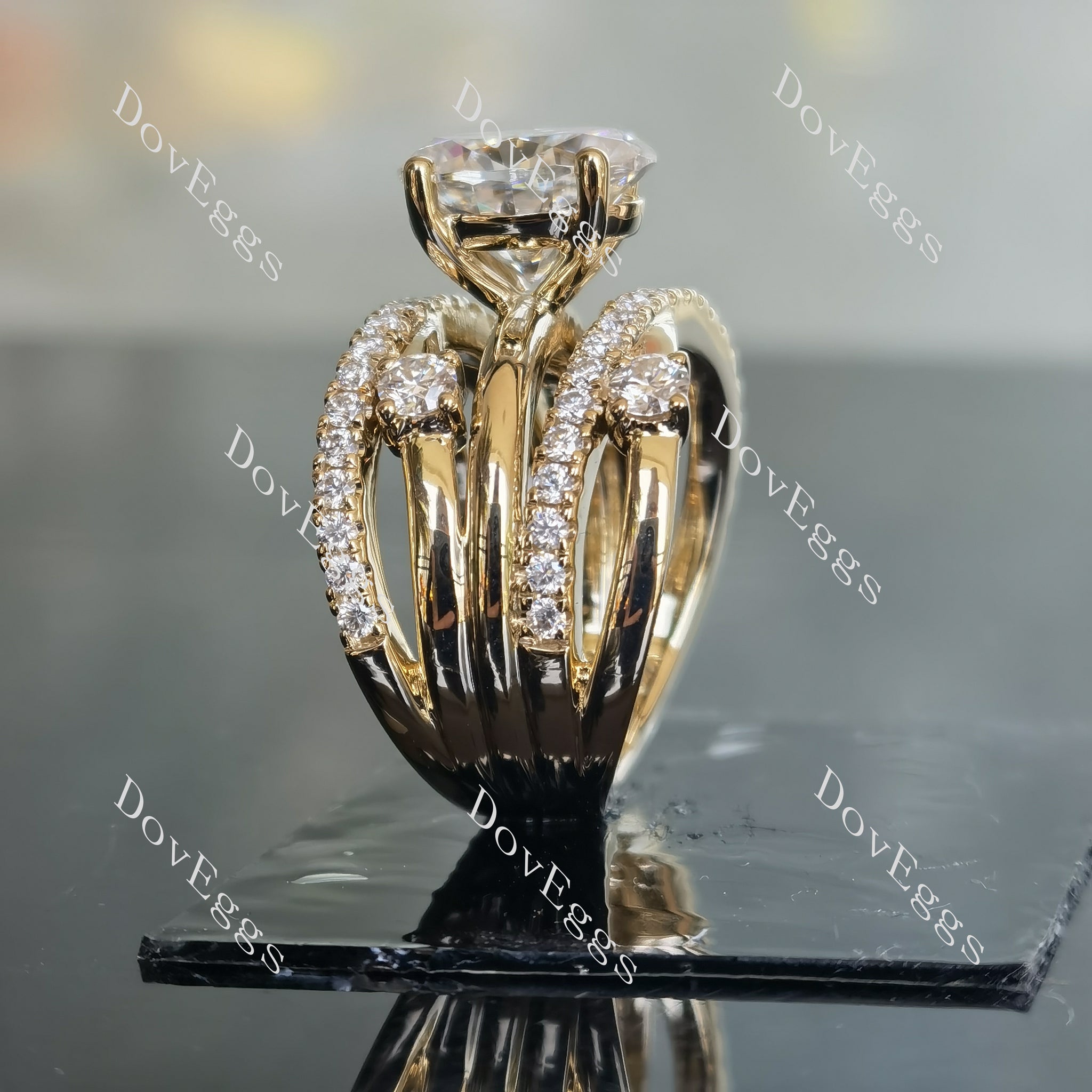 Oval pave split shank moissanite engagement ring side view| Doveggs