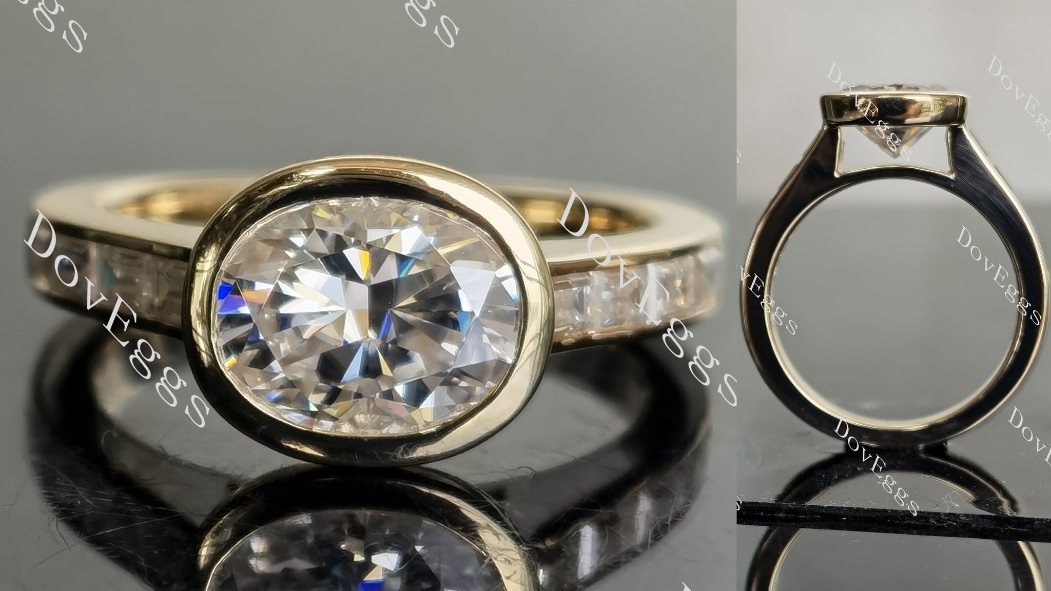 Oval bezel channel set moissanite engagement ring main view| Doveggs