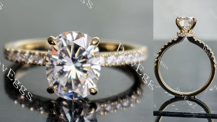 Oval half eternity pave moissanite engagement ring main view| Doveggs