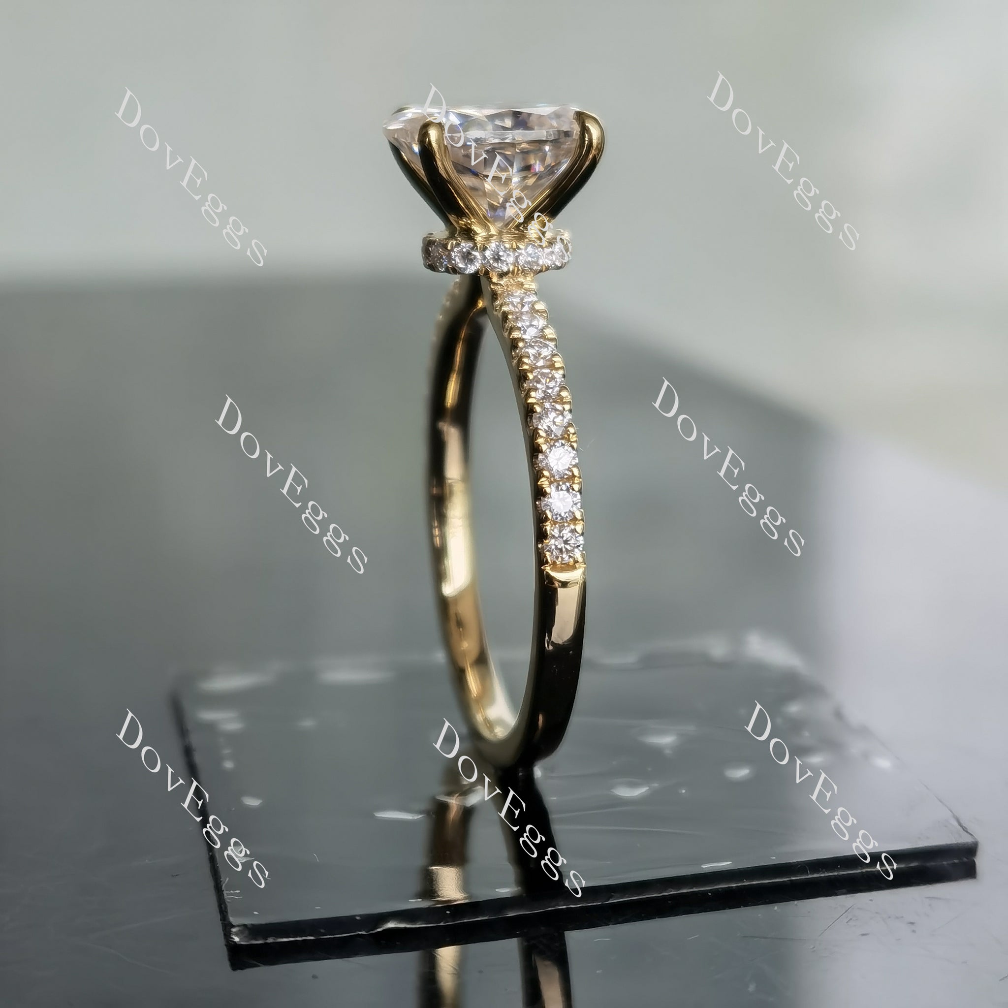 Oval half eternity pave moissanite engagement ring side view| Doveggs