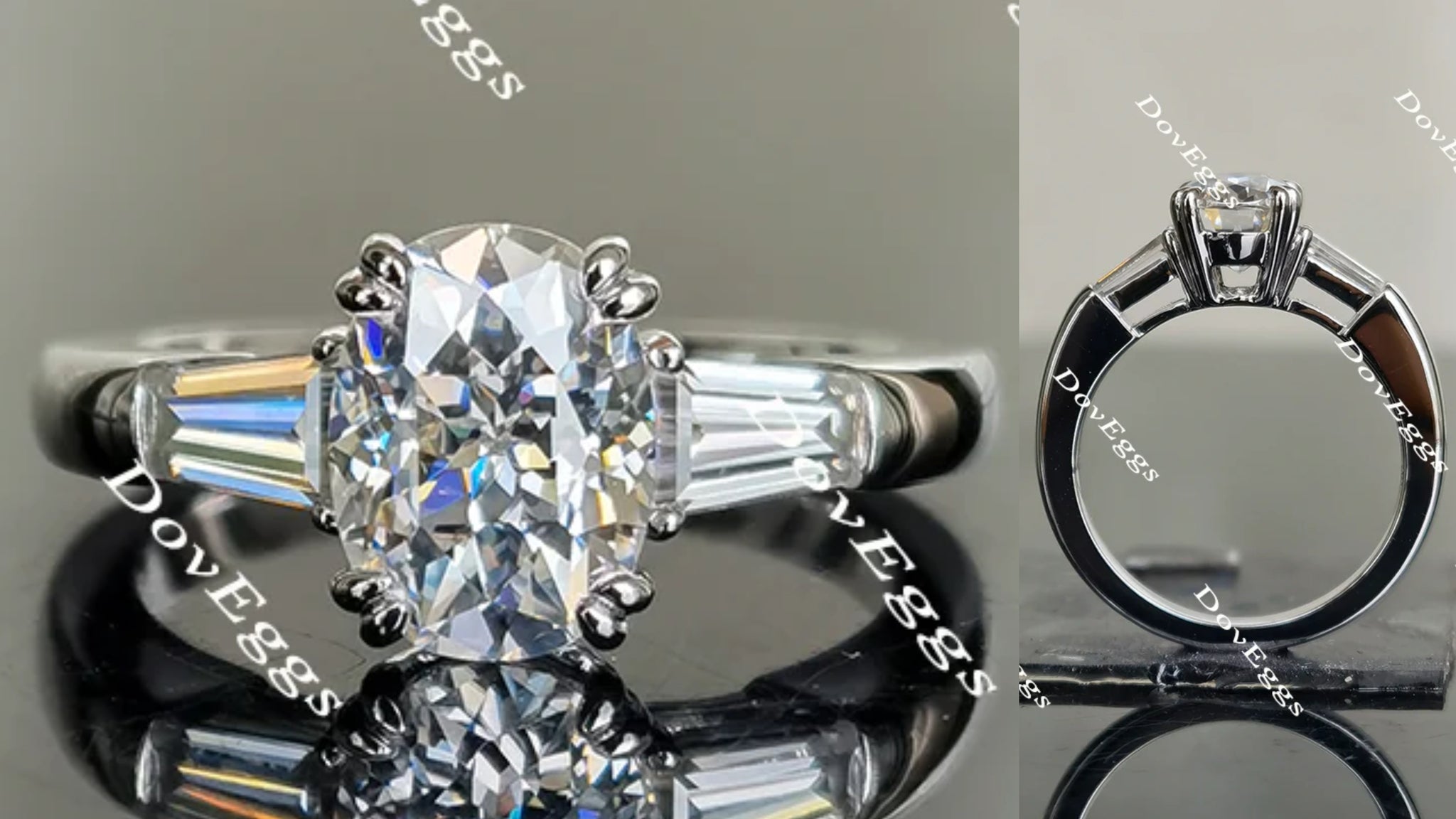 Oval three stones moissanite engagement ringg main view| Doveggs